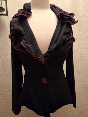 Y2K Ruffle Blazer Top Black Red Trim Gothic Office Siren Dramatic Collar